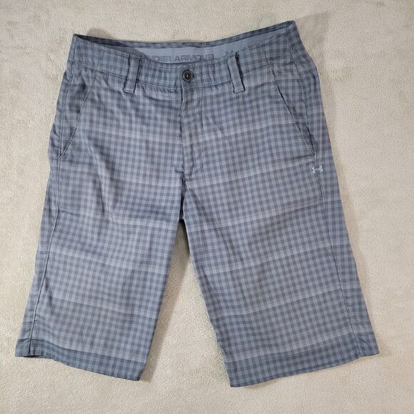 MEN Under Armour Logo Gingham Gray Check Golf Polyester Shorts Stretchy Sz 32 - Picture 1 of 12
